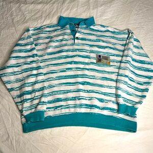 Gotcha White and Turquoise Striped Collared Vintage Sweatshirt Mens Size M‎ 90s